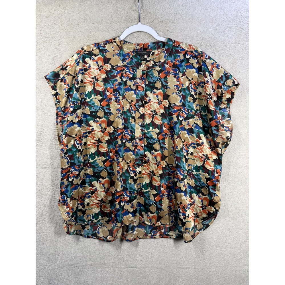 Banana Republic Blouse Women XL Multi Color Satin Floral Boxy Short Sleeve Top